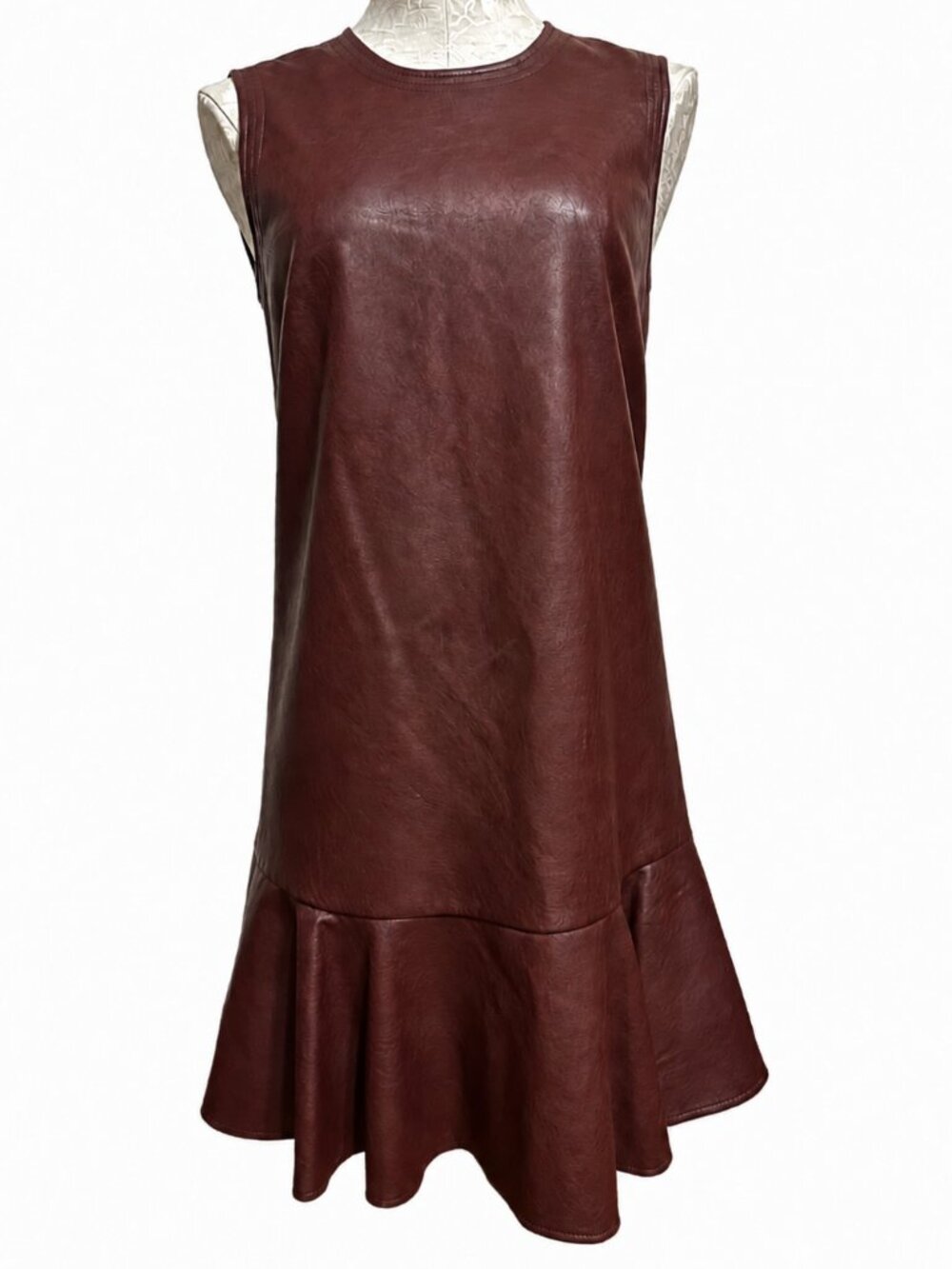 BCBGMAXAZRIA Sheridan Faux Leather Ruffle Hem Dress XS Burgundy